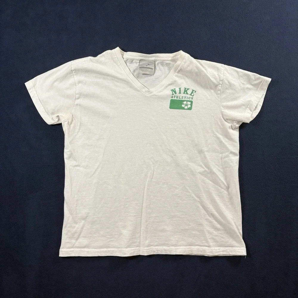Vtg Y2K 2000s Nike Athletics Tee Womens S White V-Neck Hibiscus Cropped Surf